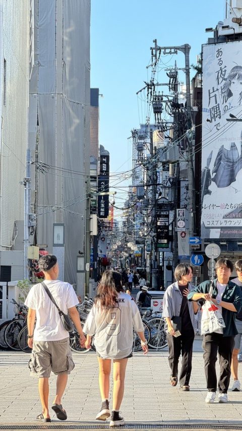 일본스러운 거리. 복잡한 전신추와 애니메이션 간판
